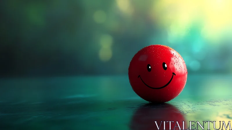 Smiling red ball glows softly against dreamy teal bokeh.