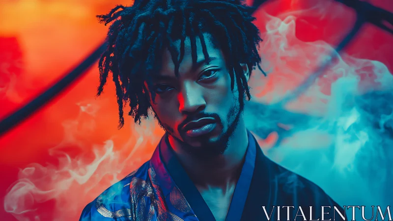 Portrait of man in colored smoke with split lighting effect.