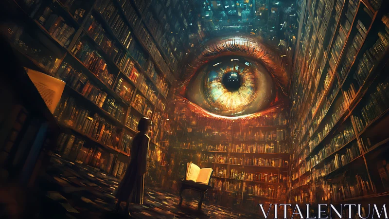 Vast library interior with central luminescent eye motif.