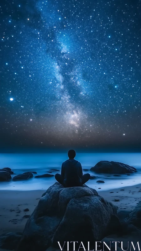 Person sits on coastal rock under dense starry night sky.