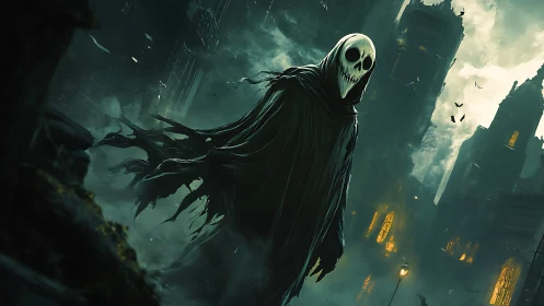 Grim reaper stalks foggy gothic street under eerie glow