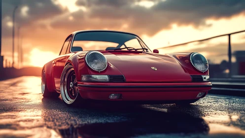 Sunlit classic red sports car on wet city rooftop at dusk.