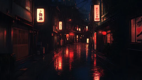 Neon soaked alley glows softly in a quiet midnight rain