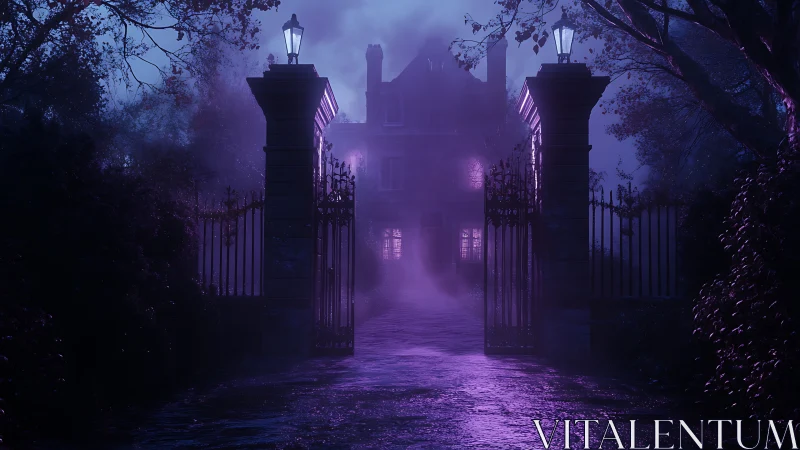 Fog-drenched Victorian manor gate under violet nocturnal lighting