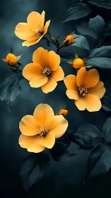 Yellow flowers with dark foliage against teal background