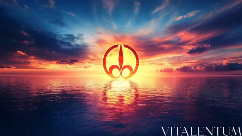 Radiant abstract emblem rises over a vivid ocean sunset