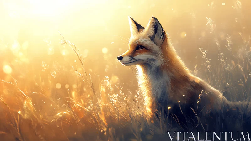 Gentle fox rests in golden meadow light and soft morning glow