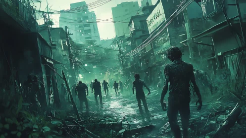 Bio-contaminated urban alleyway with advancing undead silhouettes.