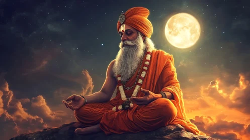 Meditating sage in orange robes under radiant full moon