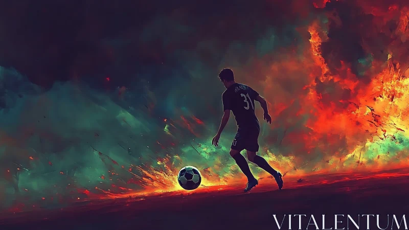 Silhouetted footballer controls ball before abstract flames