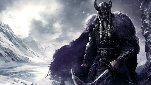 Viking warlord strides through blizzard swept mountain pass.