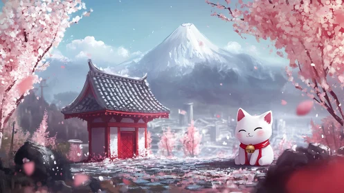 Maneki-neko statue near gate with cherry blossoms and mountain.