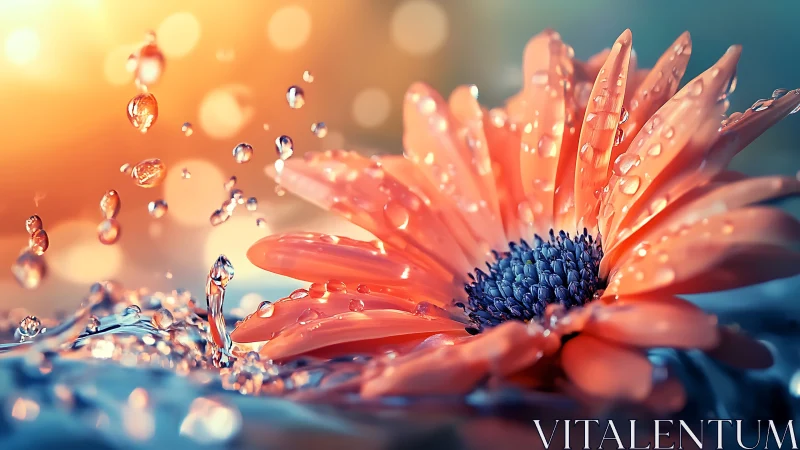 Red Gerbera With Water Droplets Against Warm Sunset Bokeh.