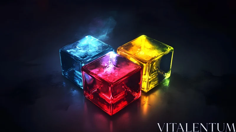 Luminous RGB ice cubes with volumetric glow on wet glass surface.