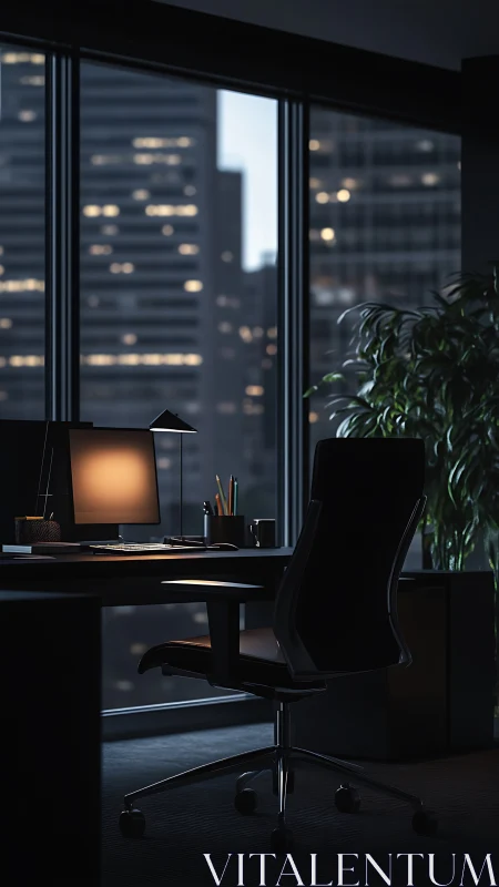 Minimalist night office glows against a quiet city skyline