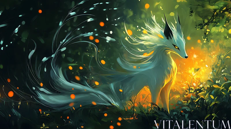 Mystic fox spirit with luminous tails in forest glow.