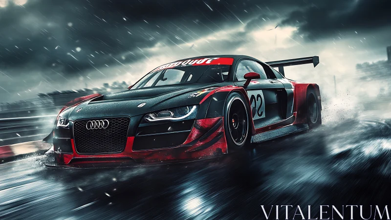 Racing supercar slices through rain-soaked track at speed.