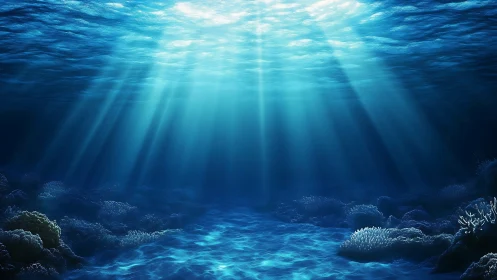 Subsurface ocean scene with volumetric god rays over coral floor