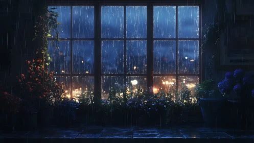 Nocturnal rainlit window with botanical foreground layering.