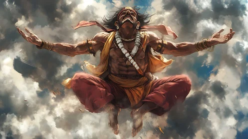 Dynamic digital painting of levitating ascetic in storm clouds.