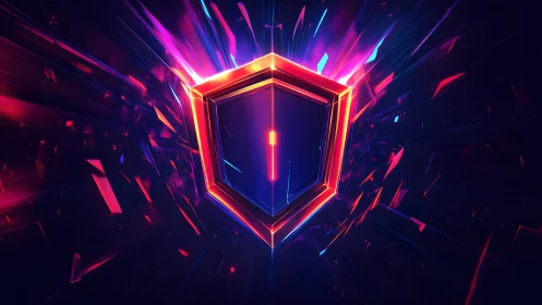 Futuristic glowing shield emblem with neon effects and digital style.