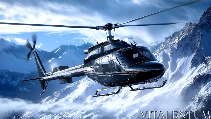 Sleek black helicopter slicing above dramatic alpine ridge.
