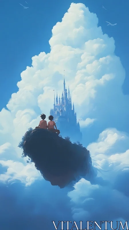 Two friends daydream on a floating cliff above cloud castle.