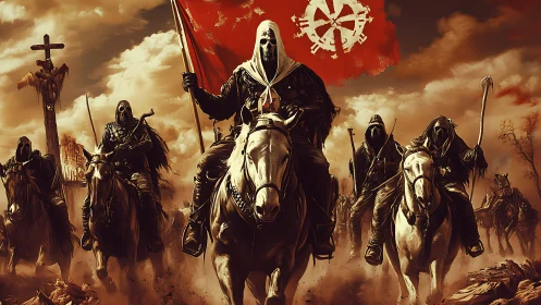 Apocalyptic cavalry vanguard under sigil-marked crimson warbanner.