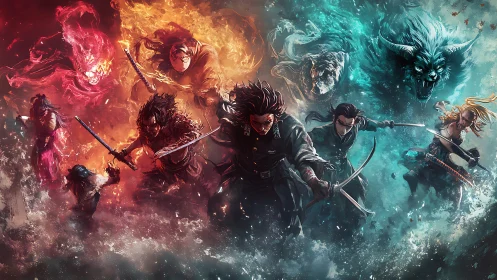 Elemental warriors charging in fiery and icy spectral storm.