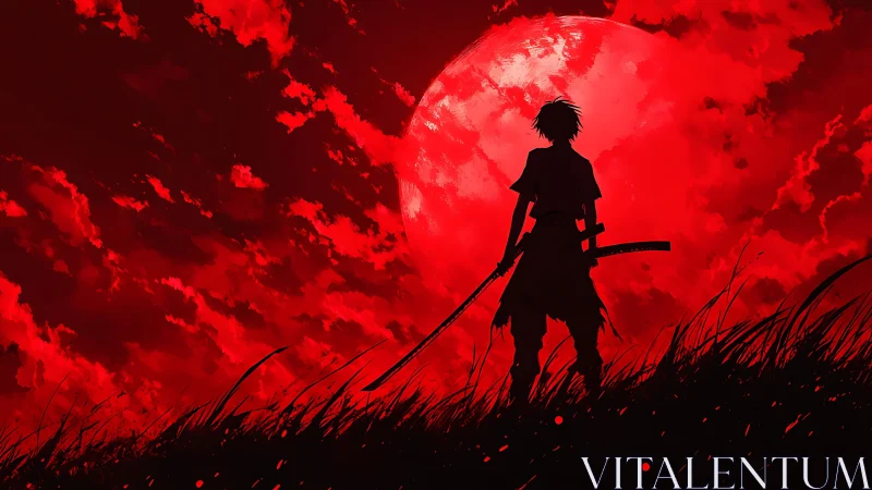 Silhouetted katana wielder against hyper-saturated blood moon.
