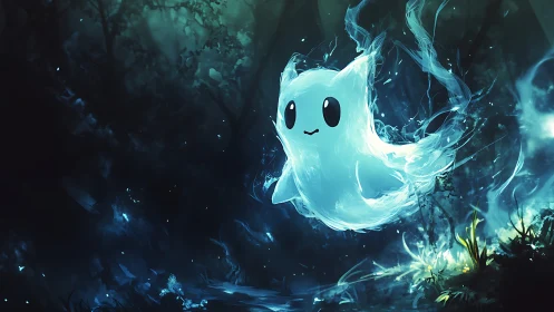 Glowing spirit creature drifting through enchanted forest.