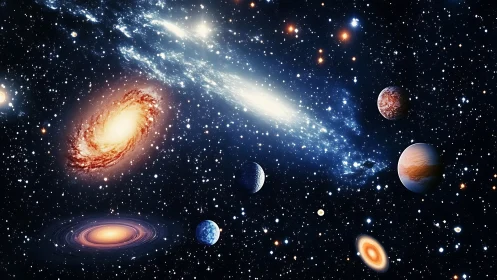 Digital illustration arranges galaxies and planets in dense space