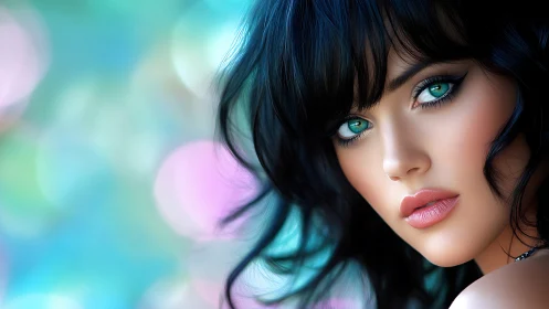 Portrait with teal eyes against soft bokeh background.