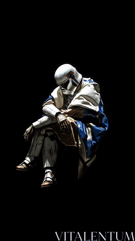 Solitary armored warrior rests in stark cinematic darkness