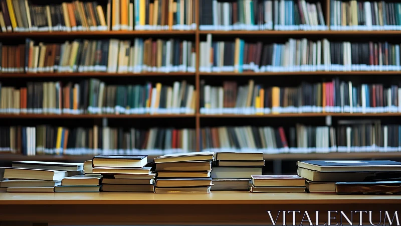 Library worktable shows stacked volumes against blurred shelves