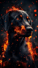 Fiery black doberman portrait with embers and molten glow.