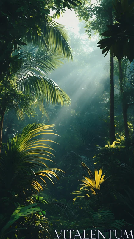 Tropical Forest Interior With Frond Illumination.
