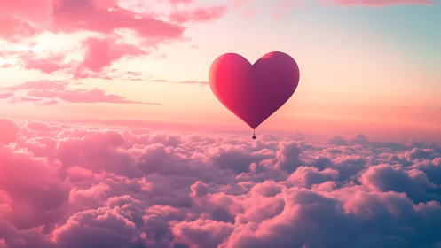 Heart-shaped hot air balloon ascending through stratocumulus cloud formations at golden hour.