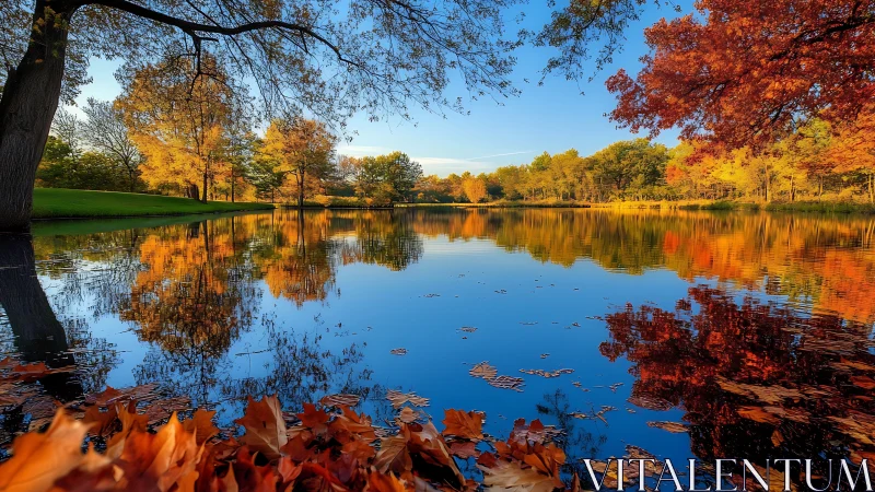 Trees and foliage reflect clearly on a calm autumn lake surface