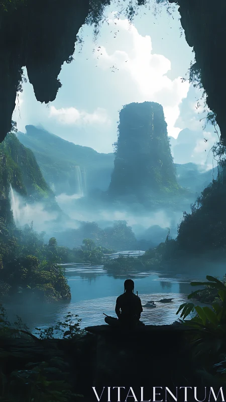Solitary figure overlooks misted emerald canyon lake at dawn