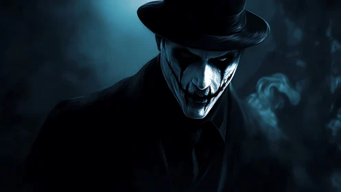 Sinister masked figure in hat rendered with high contrast lighting