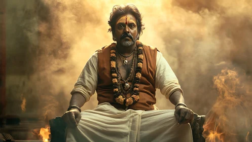 Middle‑aged holy man seated amid smoke and warm light.