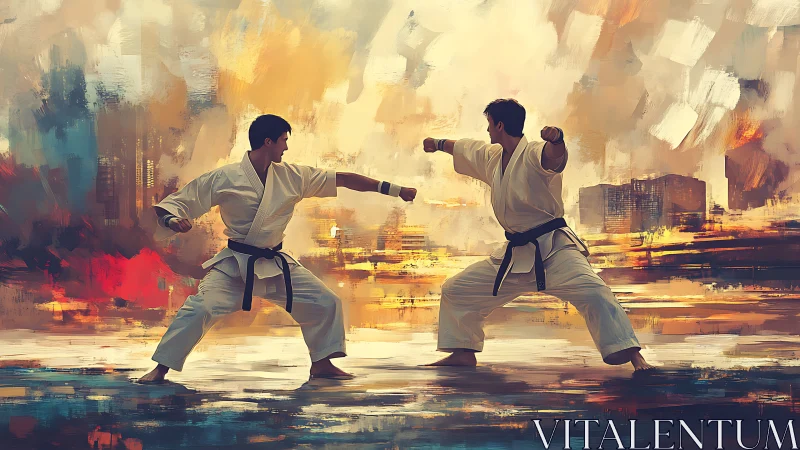 Karate partners trading focused moves in glowing city light.