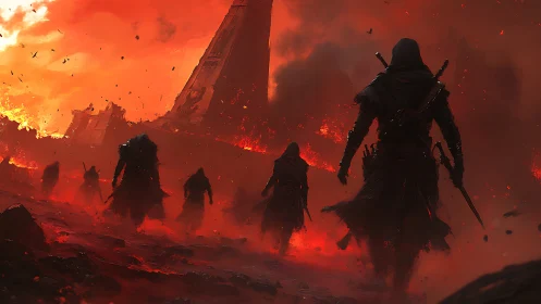 Hooded warriors crossing burning wasteland at dusk.