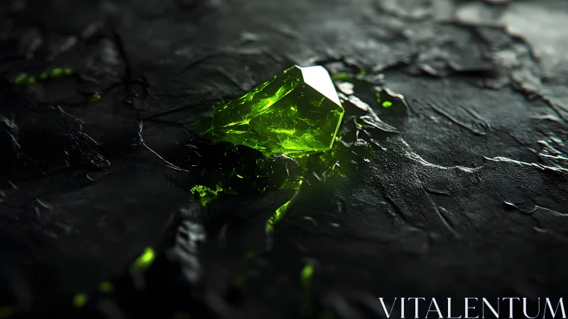 Luminous Green Crystal on Dark Rocky Surface, Cinematic Style.