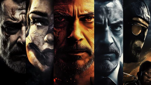 Cinematic warrior portraits in split-panel dramatic lighting.