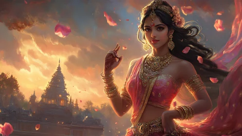 Temple dusk goddess dances in rose-gold monsoon light.