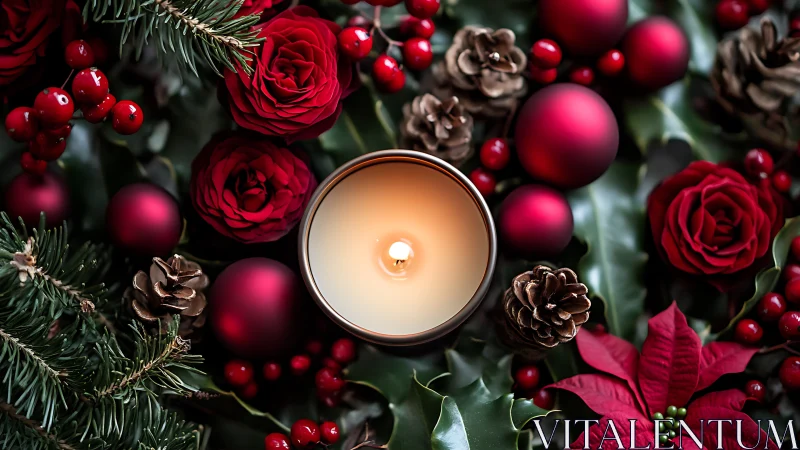 Central candle amid red florals, pine branches and ornaments.