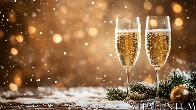 Two champagne glasses with festive lights and snow.