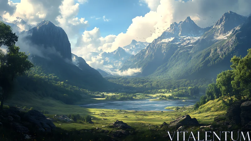 Sunlit alpine valley with crystal lake and misted peaks.